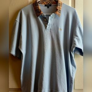 Burberry Men's XXL Light Blue Polo Shirt with Nova Check Pattern Collar